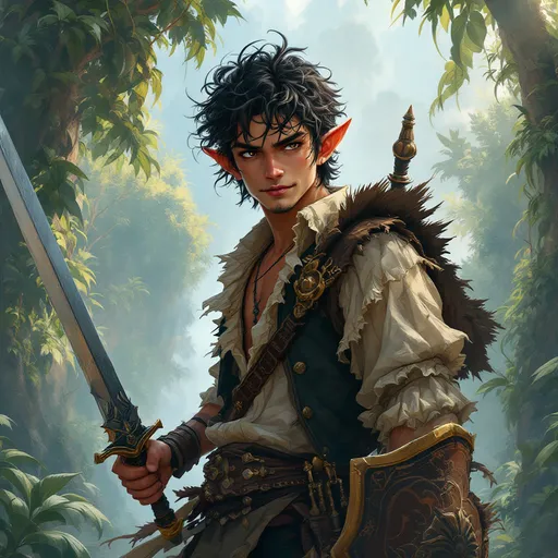 Prompt: hyper-realistic, young male, stubble facial hair, mischievous, halfling, short, pointy elf ears, fighter, character with dark curly hair, holding a sword, shield on back, fantasy character art, illustration, warm tone, fantasy ocean jungle background, pirate ruffle shirt