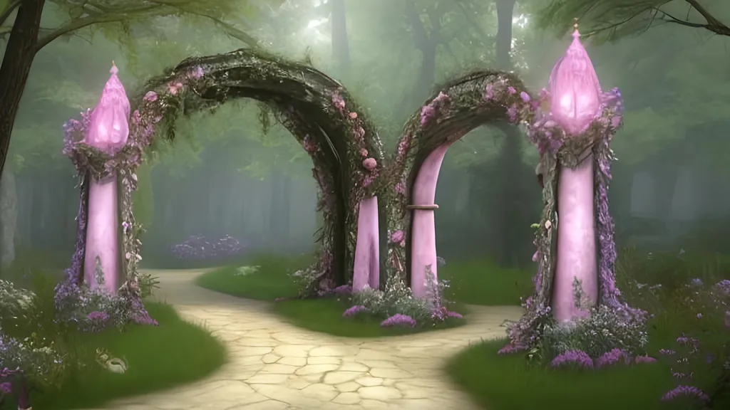 Prompt: a realistic pastel archway in a fairytale forest .