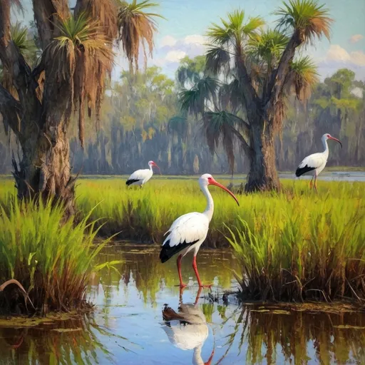 Prompt: Impressionist Painting, swamp with Ibis