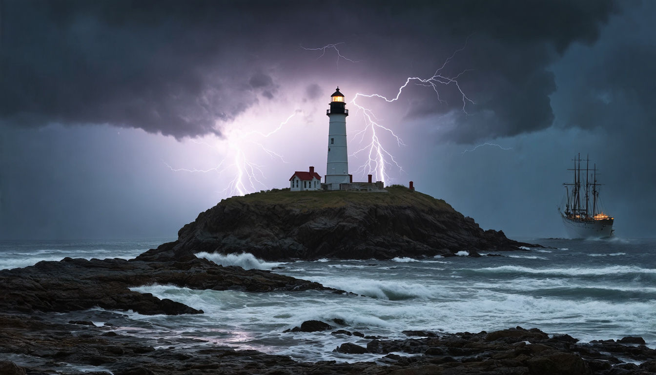 Prompt: A dark and stormy, a coastal scene with a lighthouse perched on a rocky outcrop, a distant ship in the background, waves crashing on the rocks. lightning bolts streaking across the sky. 