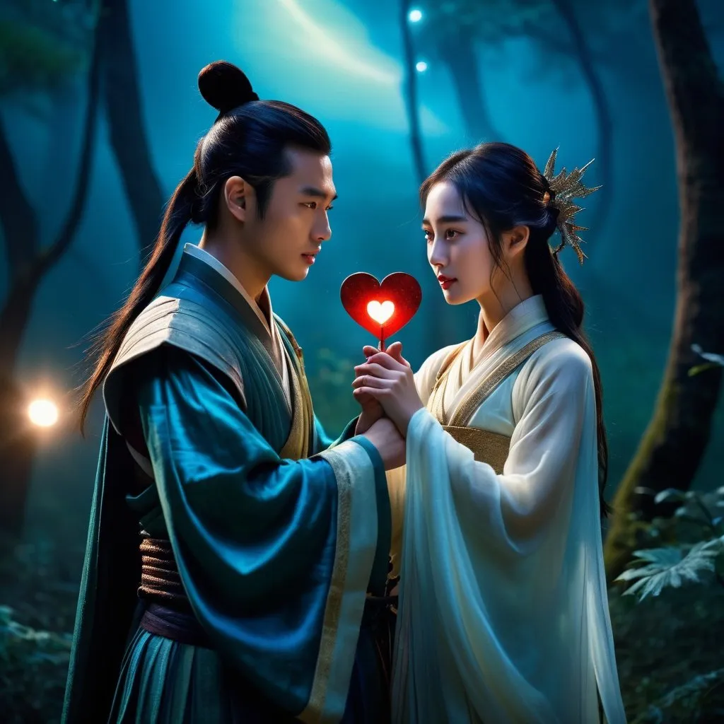 Prompt: Epic movie poster with text as "Star Love",upper body,chinese girl liuyifei in sheer mini-hanfu and chinese Ancient young Swordsmen holding hands,lovehandgesture,night, romantic scene on a dark strange planet,forest, a glowing heart, cinematic shot, realistic, masterpiece, high details,clean hands