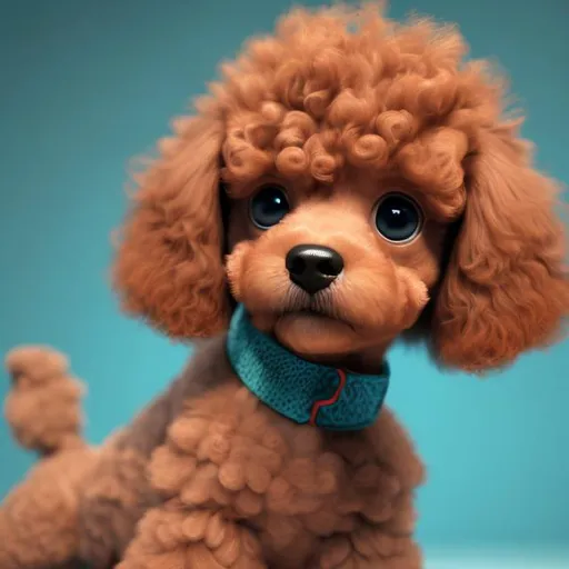 Prompt: Red miniature poodle in a teddy bear cut, pixar render, cute, with a teal collar around its neck, intricate detail.
