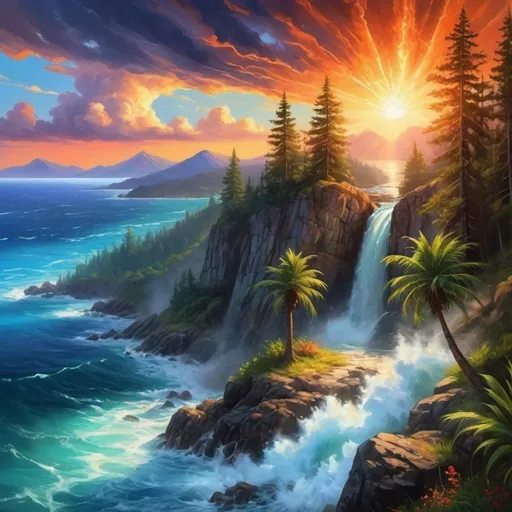 Prompt: I would like this to be more realistic, ocean meets the big mountains, colorful vibrant sunset, storm clouds, all nature forest, pine trees, palm trees, water fall
