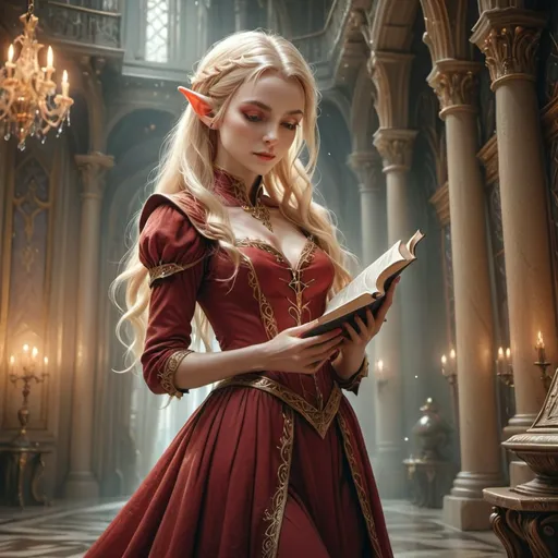 Prompt: RPG fantasy game scene, old female elf character, very lean figure, long red nails, long fancy regency style red dress, book in hand,  long blond hair cascading gracefully to the ground, vibrant color scheme, in a fancy palace background, ethereal light illuminating her figure, dynamic pose, enchanting atmosphere, ultra-detailed, 4K resolution, 