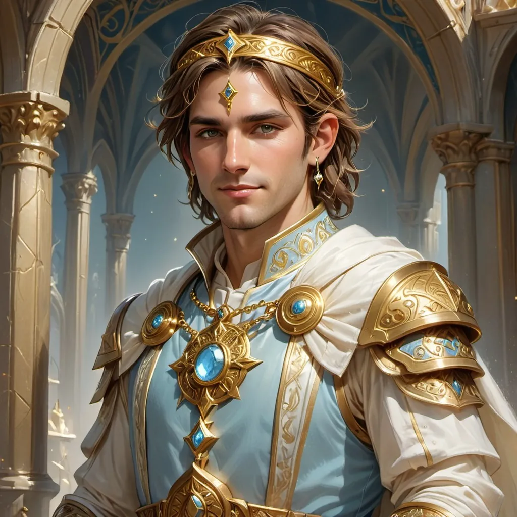Prompt: Male cleric, simple golden headband around his head, friendly face radiating kindness, golden earrings, shimmering golden medallion around his neck in a striking light blue hue, dark brown medium length hair, elegant and intricate fancy white attire, white clothes, with armour ornate details, high-quality and ultra-detailed, harmonious and bright atmosphere, mystical glow around the holy symbol highlighting its significance.