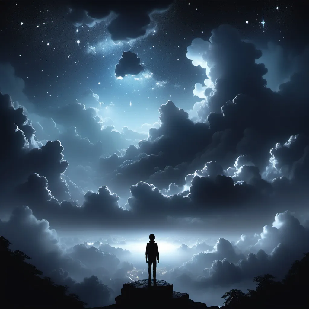 Prompt: Fonds : Un paysage nocturne, avec un ciel rempli d’étoiles scintillantes et des nuages sombres, créant une atmosphère mystérieuse.

Personnage : Au centre, une silhouette humaine (peut-être un espion) se tient légèrement de profil. Une partie de son visage est éclairée par une source de lumière douce, tandis que l'autre moitié est dans l'ombre, suggérant une dualité morale.

Voiles : Des voiles translucides flottent autour du personnage, capturant la lumière et créant des jeux d’ombre. Les voiles pourraient être animés par le vent, ajoutant une dynamique à l'image.

Symboles : Peut-être inclure des éléments symboliques comme une balance (pour le bien et le mal) ou des yeux cachés dans l'ombre, représentant l'observation et l'espionnage.