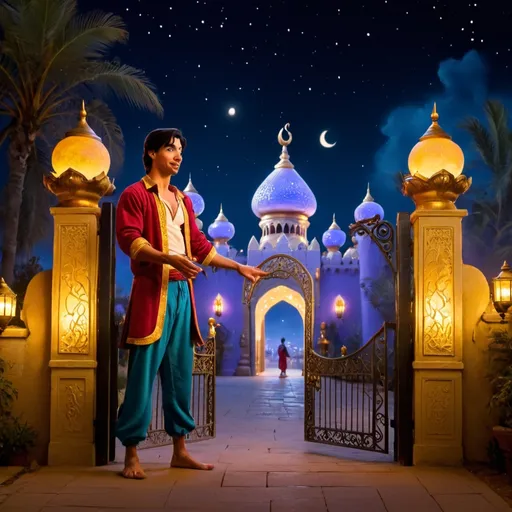 Prompt: an Aladdin-style mystical palace at night with its gate opened and a man stands to the left of the gate, invites guests to enter the palace.
Show a big magical palace behind the gate

