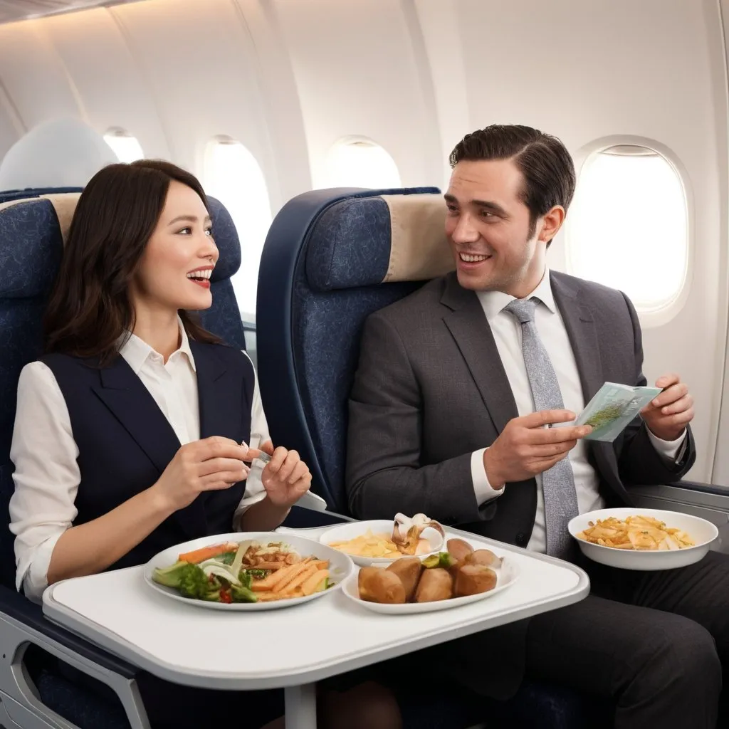 Prompt: a man and woman are on a plane and having a conversation while they are on the seats and eating, Ei-Q, dau-al-set, promotional image, a digital rendering