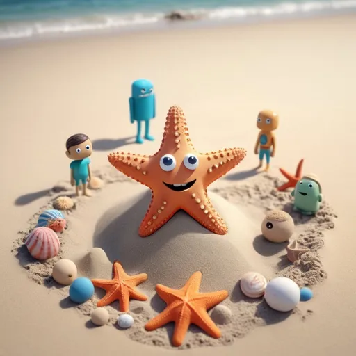 Prompt: a cartoon character is standing in the sand with other characters around him and a starfish on the beach, Chris LaBrooy, pop surrealism, android, a 3D render
