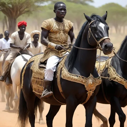 Prompt: Um guerreiro africano dentro de uma carruagem dourada conduzida por um cavalo preto e ninguém montando o cavalo, enquanto segura as rédeas do cavalo. O guerreiro está de pé dentro da carruagem segurando as rédeas de um cavalo