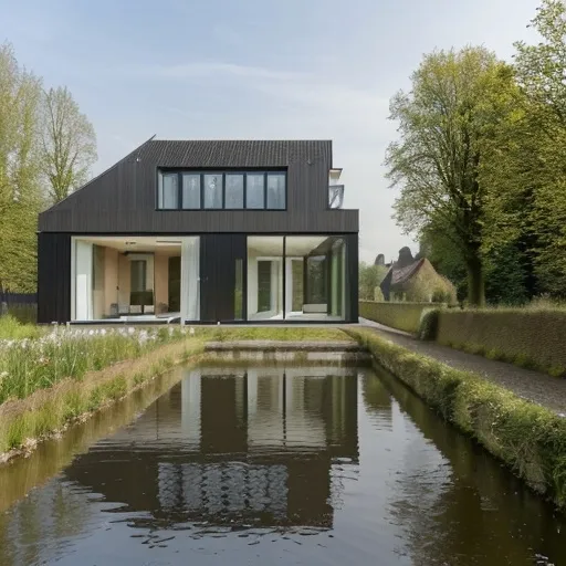 Prompt: designing A house by a canal by encapsulating nature The site situated in Grimbergen in Brussels, Belgium. with privacy walls