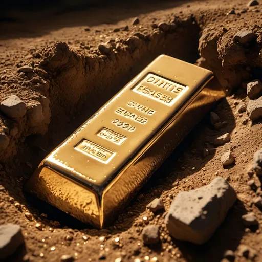 Prompt: A gold bar in a dirt hole covered in dirt