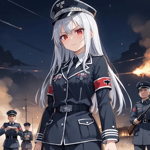 Prompt: female officer, white hair, red eyes, cold face, wearing Nazi uniform, battlefield environment, night,
 anime style drawing