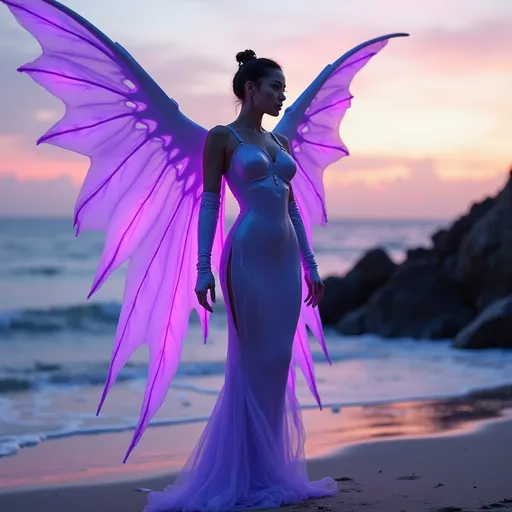 Prompt: Bathed in the soft hues of a twilight sky, a striking figure stands confidently on the shore, clad in futuristic, shimmering purple armor that contours elegantly around her form. Her majestic wings, illuminated in varying shades of violet and blue, extend gracefully, capturing the ambient light as if ready to take flight. The ocean behind her reflects the pastel colors of the sunset, enhancing the ethereal atmosphere surrounding her. With a poised expression and an air of strength, she embodies a blend of beauty and power, poised against the backdrop of jagged rocks that rise from the tranquil waters. This scene encapsulates a narrative of transformation and empowerment, evoking feelings of wonder and inspiration.