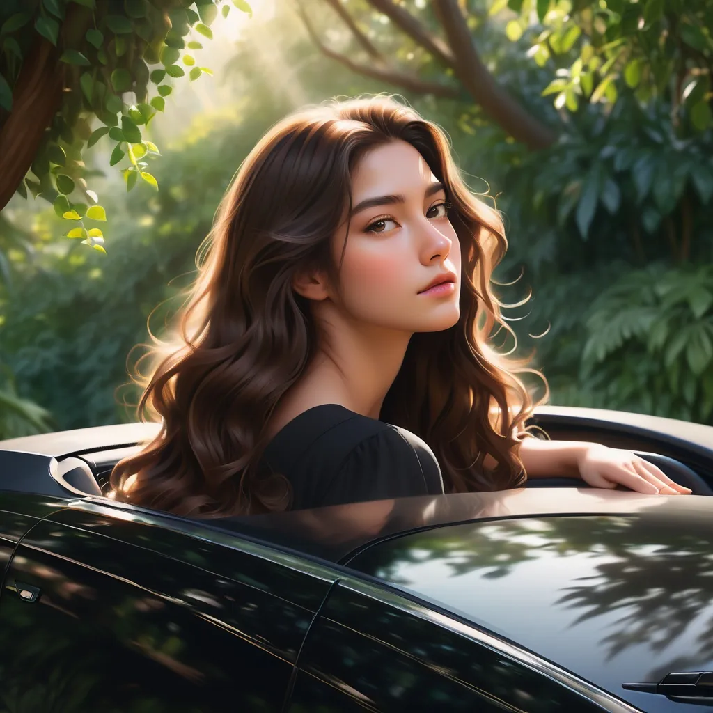 Prompt: Leaning gracefully out of a sleek, black car, a young woman with long, wavy brown hair gazes thoughtfully into the distance, her expression a blend of contemplation and serenity. The scene is set against a backdrop of lush greenery, with soft, diffused sunlight illuminating her radiant skin, creating a warm atmosphere typical of a late afternoon. Her ensemble, a simple yet elegant brown dress, complements the earthy tones of the environment, enhancing the overall harmonious feel of the image. The composition draws focus to her relaxed pose, with her arms resting casually on the window, inviting an air of casual elegance that captures a moment of leisure and reflection. The soft blue sky adds a subtle contrast, enriching the visual storytelling with a feeling of peace and tranquility.