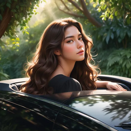 Prompt: Leaning gracefully out of a sleek, black car, a young woman with long, wavy brown hair gazes thoughtfully into the distance, her expression a blend of contemplation and serenity. The scene is set against a backdrop of lush greenery, with soft, diffused sunlight illuminating her radiant skin, creating a warm atmosphere typical of a late afternoon. Her ensemble, a simple yet elegant brown dress, complements the earthy tones of the environment, enhancing the overall harmonious feel of the image. The composition draws focus to her relaxed pose, with her arms resting casually on the window, inviting an air of casual elegance that captures a moment of leisure and reflection. The soft blue sky adds a subtle contrast, enriching the visual storytelling with a feeling of peace and tranquility.
