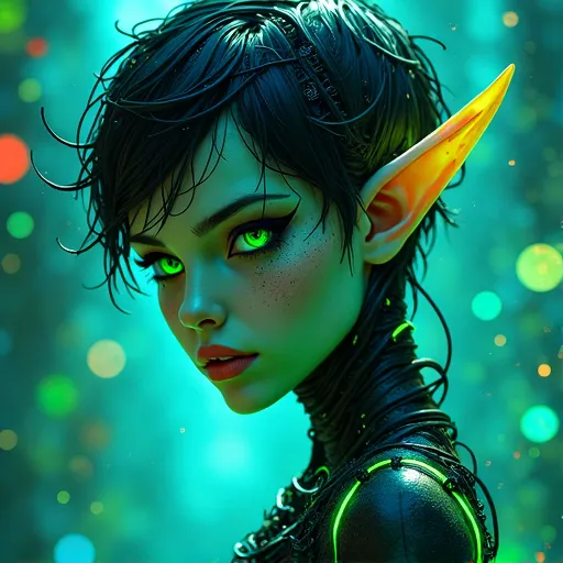 Prompt: photorealistic, (stunning gothic elf), (vibrant neon green and blue hues), (cyberpunk art), colorful chaos of cracks and drops, intricate details showcasing elegance and allure, high-contrast lighting, dramatic shadows, atmospheric setting, futuristic background elements, (masterpiece), trending on artstation, ultra-detailed, 8K resolution, mesmerizing expression, captivating gaze, blend of fantasy and technology.