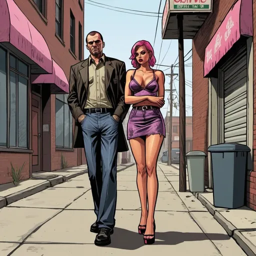 Prompt: A GTA styled drawn poster of two hookers casually waiting for clients on the sidewalk of a grimy street