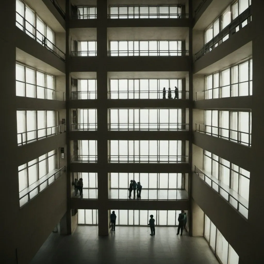 Prompt: The interior of a building with windows in which you can see, on several floors, one person per floor. Simulating that they are talking to each other.