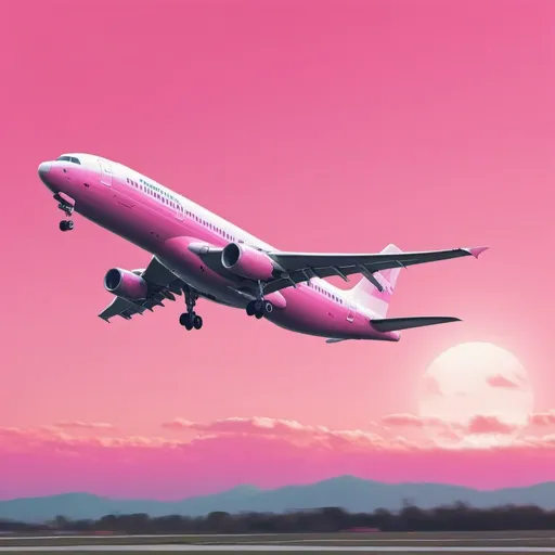 Prompt: generate an image of an airplane taking off, our view should be the back part of it as it takes off and generate the image with synth wave and a pink sky