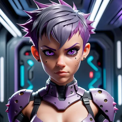 Prompt: Pixie undressing her combat suit in cyberspace while looking at her arms
Short purple spikey hair and light grey eyes
Sensual pose