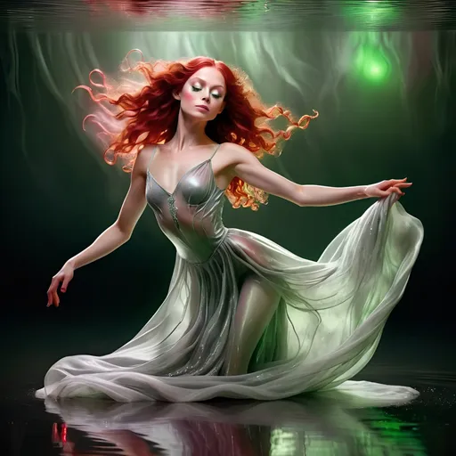 Prompt: Ballet dancing dryad in see through silver gown floating above silvery liquid with shiny red wavy hair and green mysterious eyes.
Full body pose and starlight ambient light