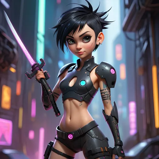 Prompt: Petite pixie in cyberpunk world undressing her combat suit while a portal into cyberspace lingers faintly in the background.
Black short spikey hair. Cyberware on her arms and above her left eye
Smiling mysteriously while holding katana