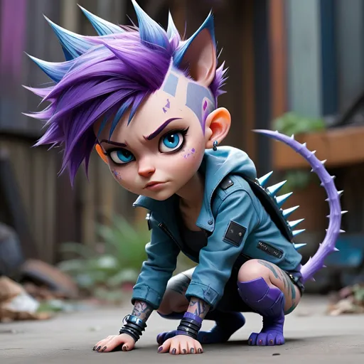 Prompt: Cute pixie neuromancer with spikey purple blue hair in cat attack position