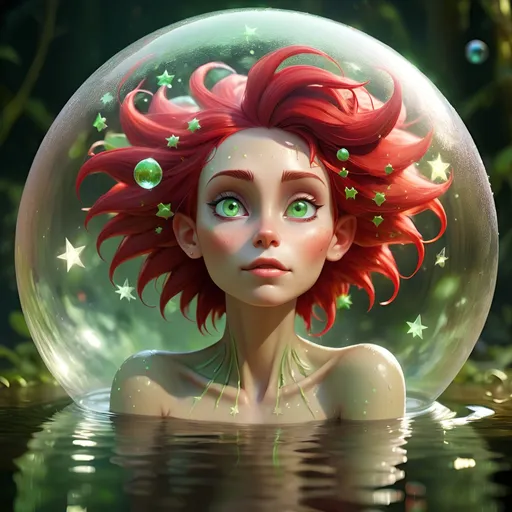 Prompt: Full body dryad bathing in free floating water bubble with reflecting stars.
Bright red spikey hair and light green eyes
Arching her back while reaching for stars