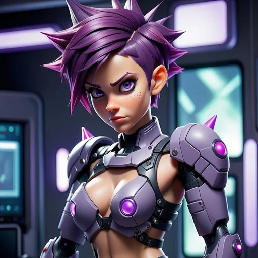 Prompt: Pixie undressing her combat suit in cyberspace while looking at her arms
Short purple spikey hair and light grey eyes
Sensual pose