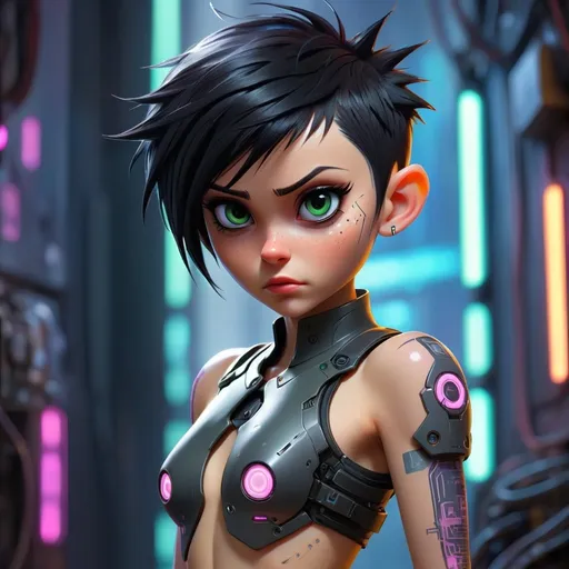 Prompt: Petite pixie in cyberpunk world undressing her combat suit while a portal into cyberspace lingers faintly in the background.
Black short spikey hair. Cyberware on her arms and above her left eye