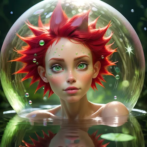 Prompt: Dryad bathing in free floating water bubble with reflecting stars.
Bright red spikey hair and light green eyes