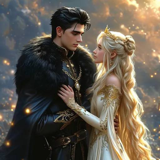 Prompt: A handsome prince with black mullet hair and dressed in a dark cloak is standing next to a princess.  The prince is wearing a black cloak.The princess has long platinum blonde hair and she's wearing a long white and gold dress. She has grey eyes. The prince has a black aura around him and the princess has a gold aura around her. They're both standing next to each other. And the background is the sky full of stars and galaxies. 