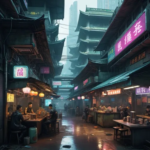 Prompt: Cyberpunk landscape with hawker centers in the ground floor