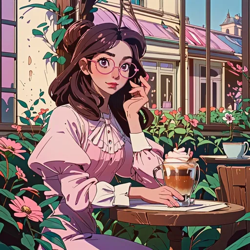 Prompt: a woman sitting in a paris cafe wearing a pink dress circle glasses reading a book having a cappucino sunny day and long dark hair 4k wood table pink phone hispanic happy flower garden behind her and cafe windows
