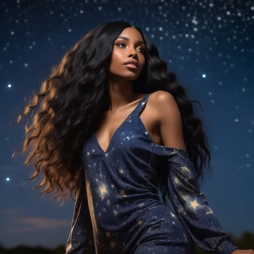 Prompt: Tall young black woman with long black hair and hazel eyes looking in the dark sky with vibrant stars, detailed clothing, realistic, natural lighting