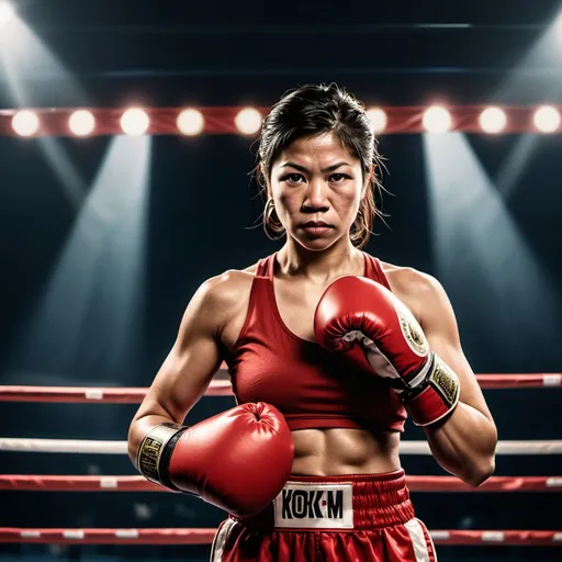 Prompt: A fierce female boxer in red boxing gloves, posing confidently in a boxing ring under dramatic spotlight, with championship belts displayed in the background. size of Instagram reel, Mary Kom (Boxing)