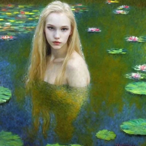 Prompt: impressionistic painting of a beautiful women floating in a pond with long pale blonde hair