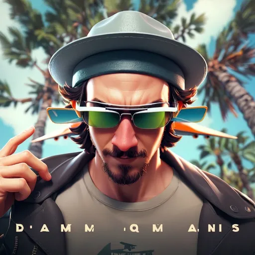 Prompt: a man with a hat and sunglasses on his face with a plane in the background and trees in the background, Dom Qwek, rayonism, cyberpunk style, an album cover