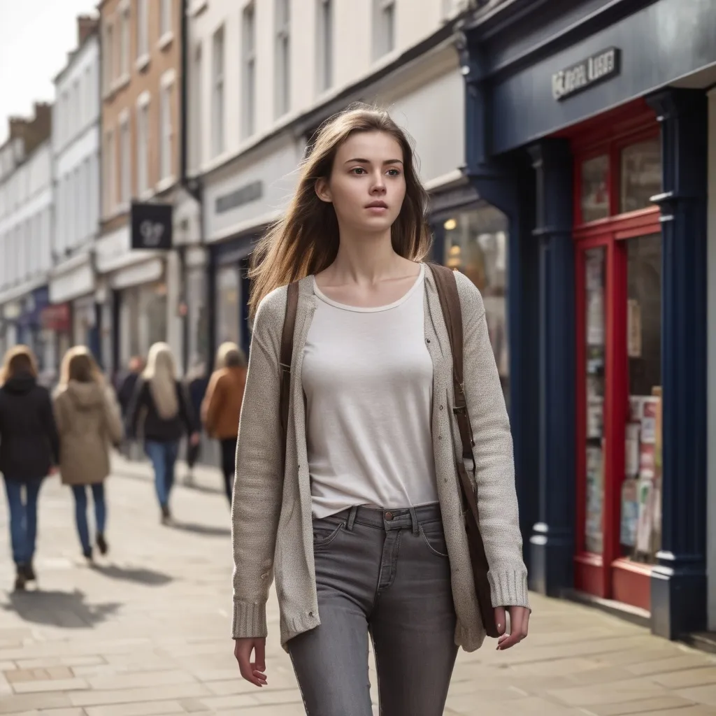 Prompt: Tall young woman walking down the high street, detailed clothing, realistic, natural lighting