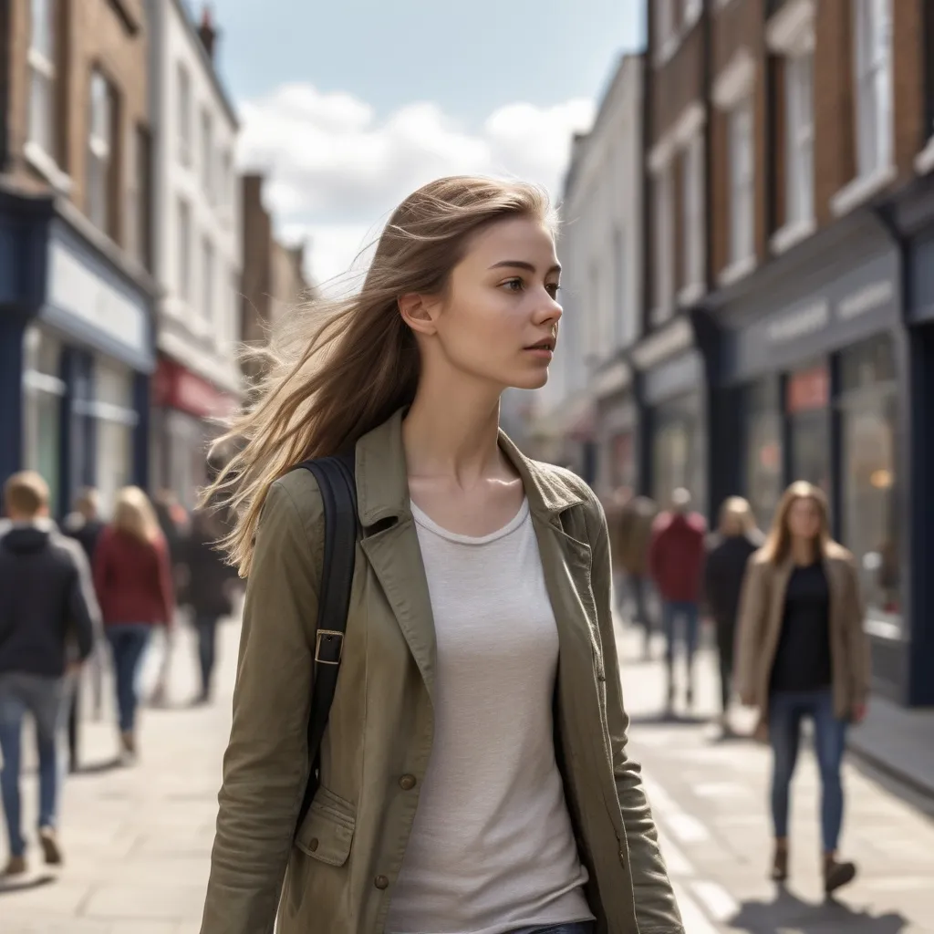 Prompt: Tall young woman walking down the high street, detailed clothing, realistic, natural lighting