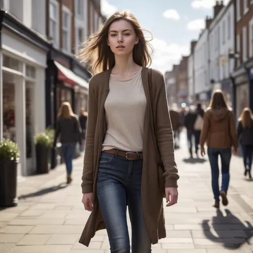 Prompt: Tall young woman walking down the high street, detailed clothing, realistic, natural lighting