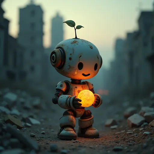 Prompt: In a desolate, post-apocalyptic landscape shrouded in twilight, a charming, round-faced robot stands at the forefront, embodying a mixture of innocence and hope. Its rusty exterior is illuminated softly by the warm glow of a small, vibrant orb it lovingly cradles in its hands, which has a tiny sprout emerging from it, symbolizing new life amidst the decay. The backdrop reveals crumbling buildings and scattered debris, reinforcing the contrast between the robot's joyous expression and the somber environment. The dim lighting enhances the emotional resonance of the scene, evoking a sense of renewal and the eternal potential for growth even in the darkest of times.