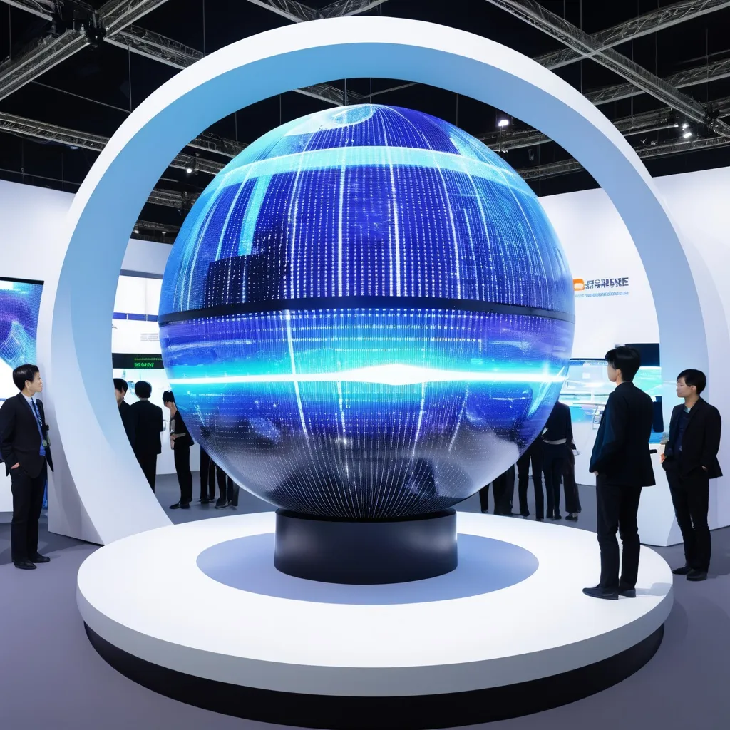 Prompt: a sphere LED display in the exhibition show. the display shows the future house trends. there are many people crowed on it. 