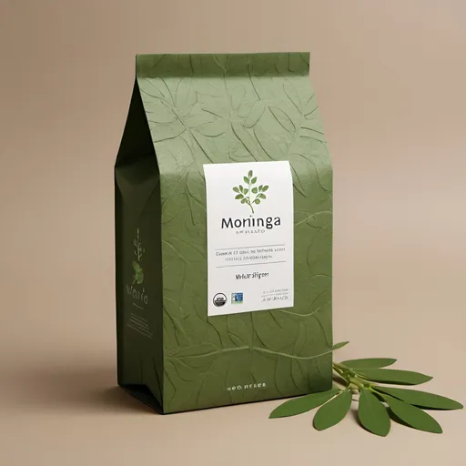 Prompt: I can't directly provide images, but I can describe a potential design for a paper package made from moringa with company name oleifera packaging :Imagine a sleek, minimalist paper package with a natural, earthy tone, reflecting the eco-friendly nature of moringa fiber. The package could feature a simple yet elegant design, perhaps with embossed or printed leaf motifs to symbolize the plant's origin. The texture of the paper would be smooth yet slightly textured, providing a tactile experience for the user. The package could be sealed with a biodegradable adhesive or secured with a natural twine or ribbon for added charm. Overall, the paper package would exude a sense of sustainability and sophistication, appealing to environmentally-conscious consumers.