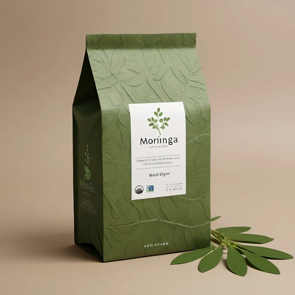 Prompt: I can't directly provide images, but I can describe a potential design for a paper package made from moringa with company name oleifera packaging :Imagine a sleek, minimalist paper package with a natural, earthy tone, reflecting the eco-friendly nature of moringa fiber. The package could feature a simple yet elegant design, perhaps with embossed or printed leaf motifs to symbolize the plant's origin. The texture of the paper would be smooth yet slightly textured, providing a tactile experience for the user. The package could be sealed with a biodegradable adhesive or secured with a natural twine or ribbon for added charm. Overall, the paper package would exude a sense of sustainability and sophistication, appealing to environmentally-conscious consumers.