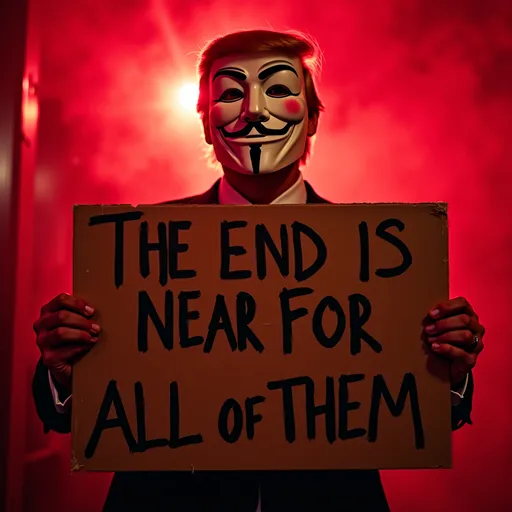 Prompt: President Donald j TRUMP wearing a guy Fawkes mask holding a cardboards sign that reads THE END IS NEAR FOR ALL OF THEM the background is a low angle low key red light 