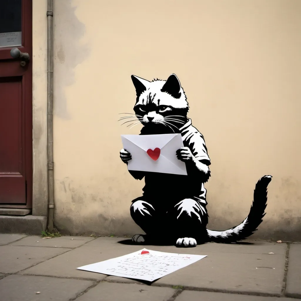 Prompt: the cat writes a letter to a friend. Banksy style.