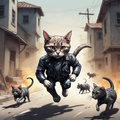 Prompt: Terminator cat. In a fantasy world. In sketch art style. fleeing mice.