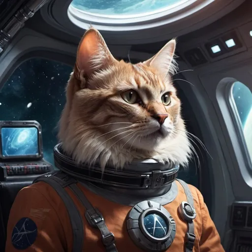 Prompt: the cat is the captain of the spaceship. Sci fi concept art.